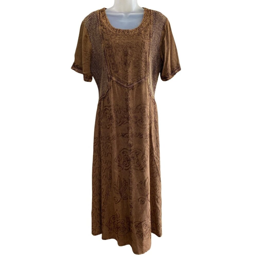 Bila Womens Brown Boho Embroidered Midi Dress L 100% Rayon Short Sleeve Tie Back